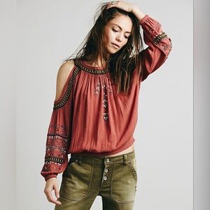Free People Rust Embroidered Cold Shoulder Blouse